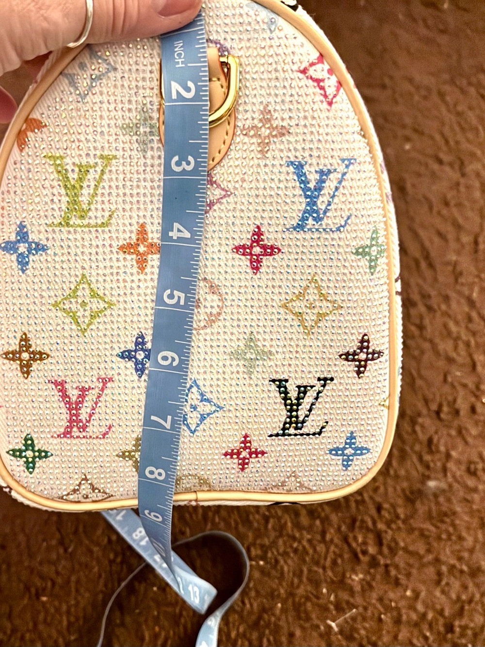 White Multicolor Canvas Satchel with Natural Leather Handles - Picture 9 of 11